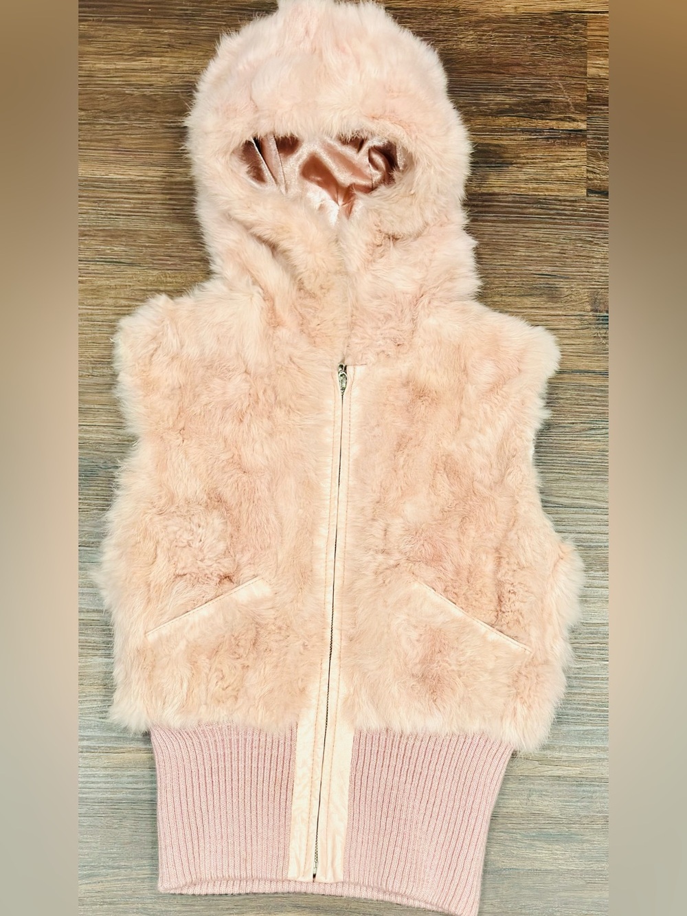 G Brand, Y2K Authentic Pink Rabbit Fur and Genuine Leather Hooded Bomber Vest